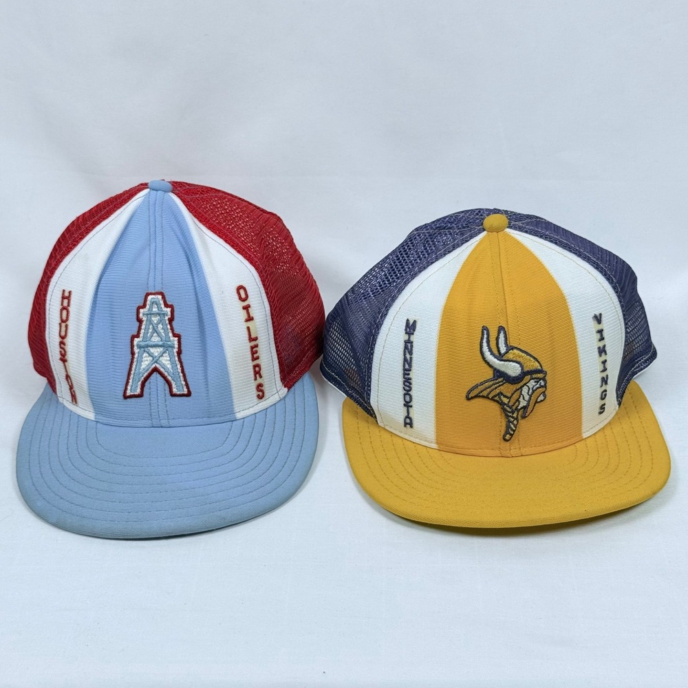 Lot of 2 Vintage Houston Oilers Minnesota Vikings Lucky Stripes Trucker Hats